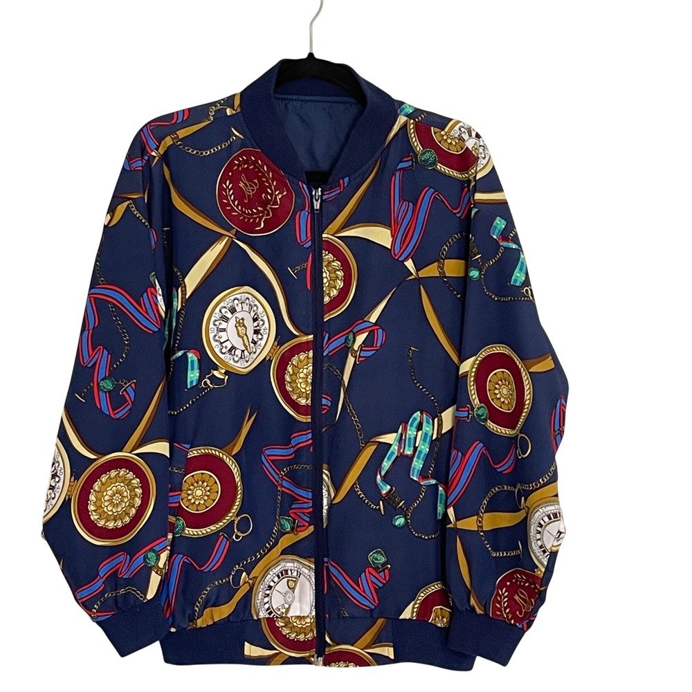Vintage Navy Blue Pocket Watch Chain Print Bomber‎ Jacket One Size Korea